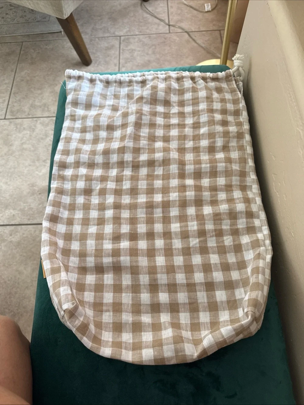 Quince Beige Gingham Linen Drawstring Sheets Purse  Bag King
